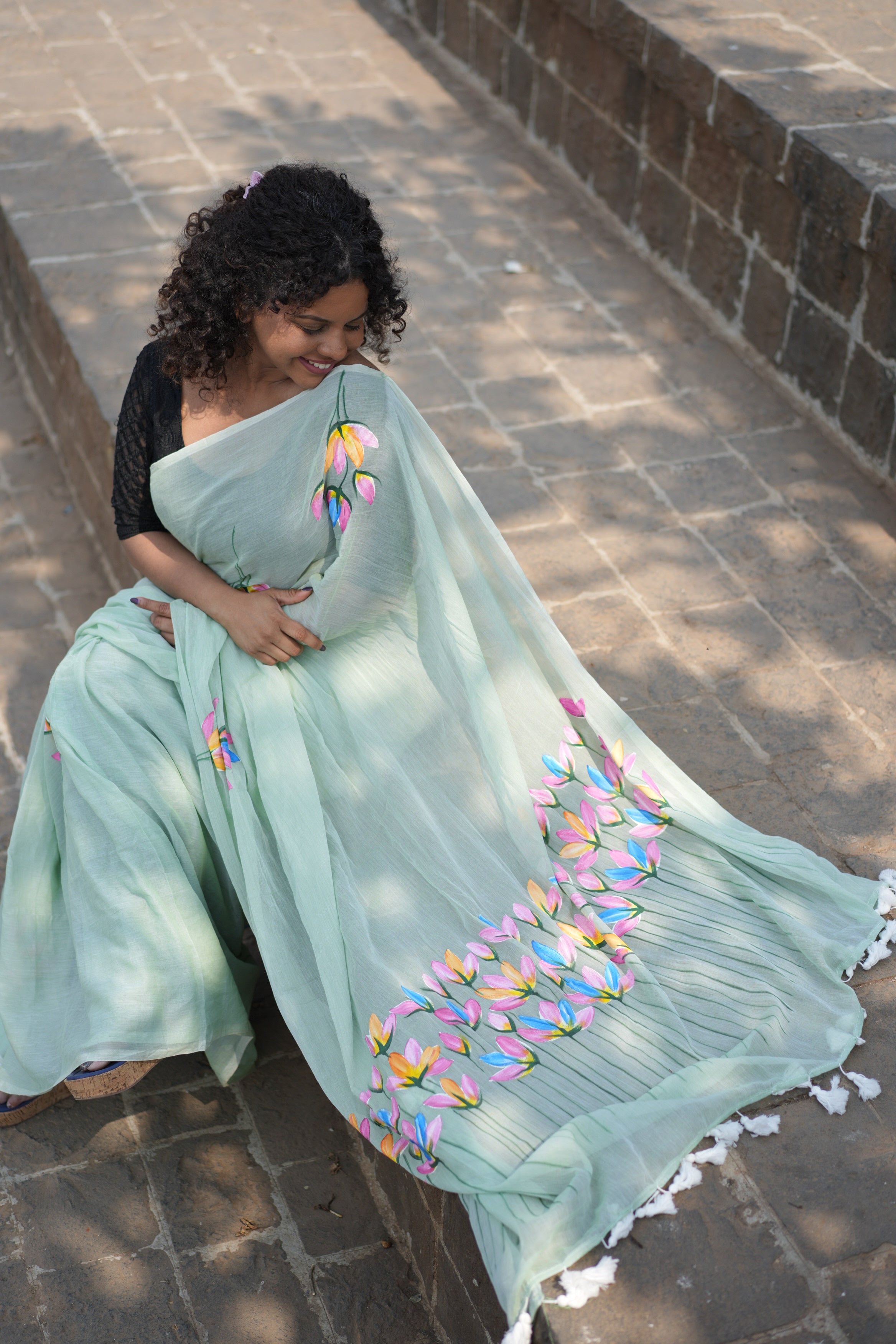 Handprint on Mulcotton Saree